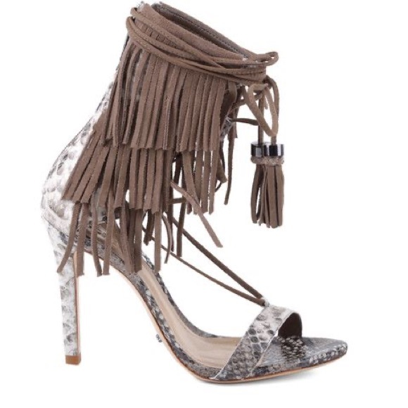 SCHUTZ Fringe Lace-Up Heels Snakeskin - Brown Womens 9.5 bohemian boho - Picture 2 of 7